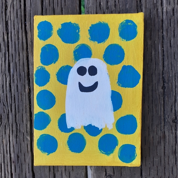 5inchx7inch Handpainted Wall Art Acrylic On Canvas "Polka Dot Ghost" Painting - Picture 1 of 2